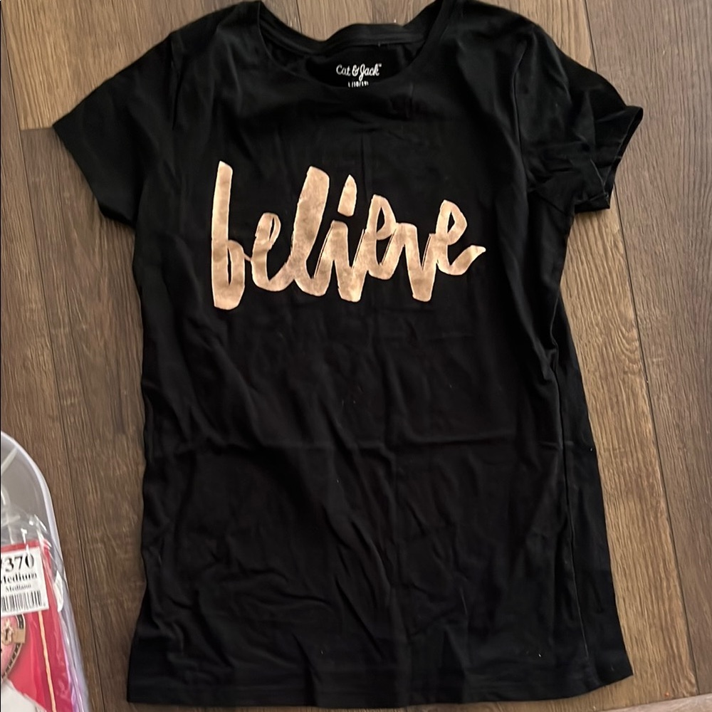 Cat & Jack Black Short Sleeve Tee with Rose Gold "believe" Script